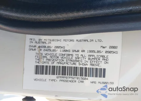 2002 Mitsubishi Diamante Vr-X z USA, uszkodzony, nr VIN 6MMAP87P52T015604